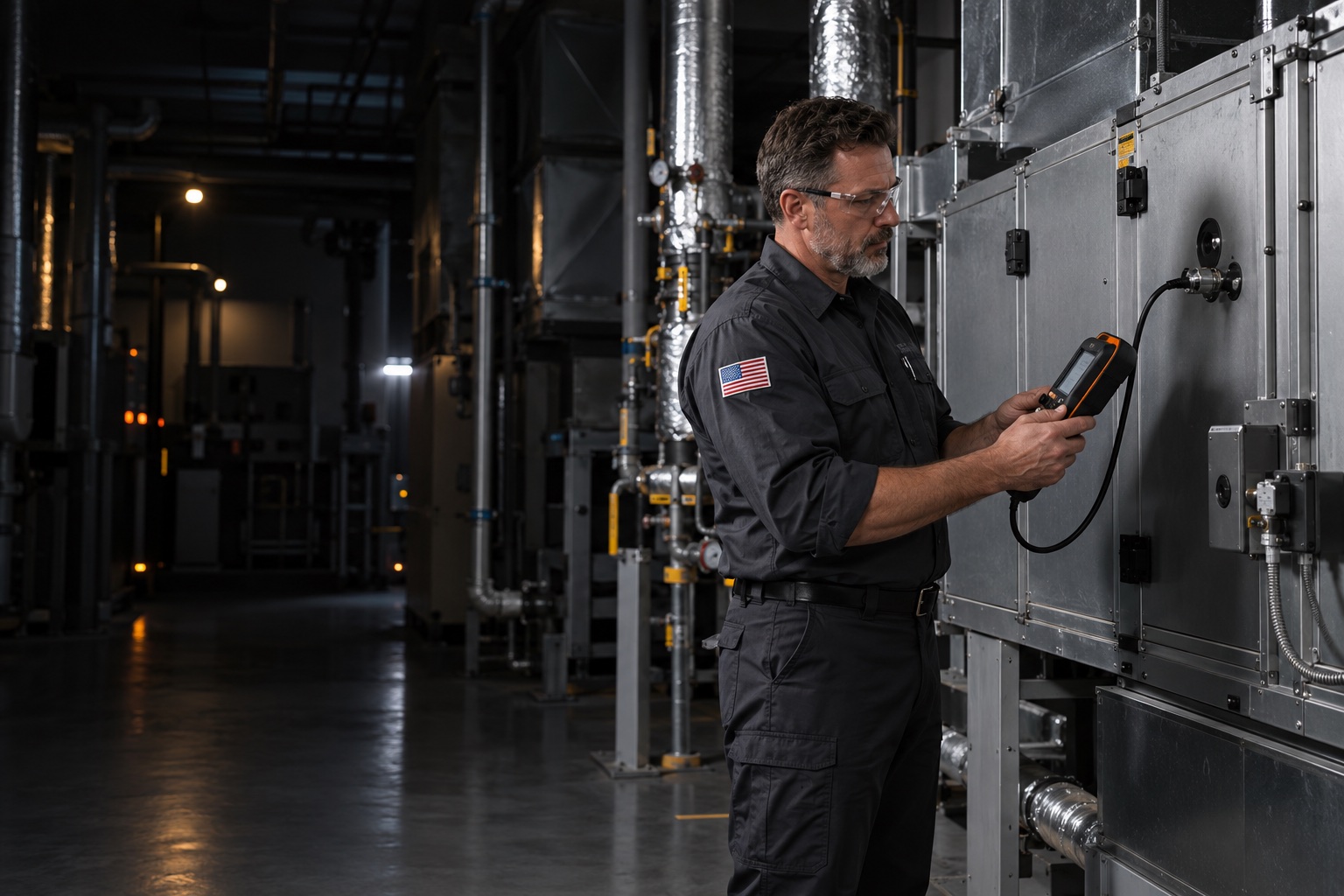 HVAC technician checking a commercial air-handling unit