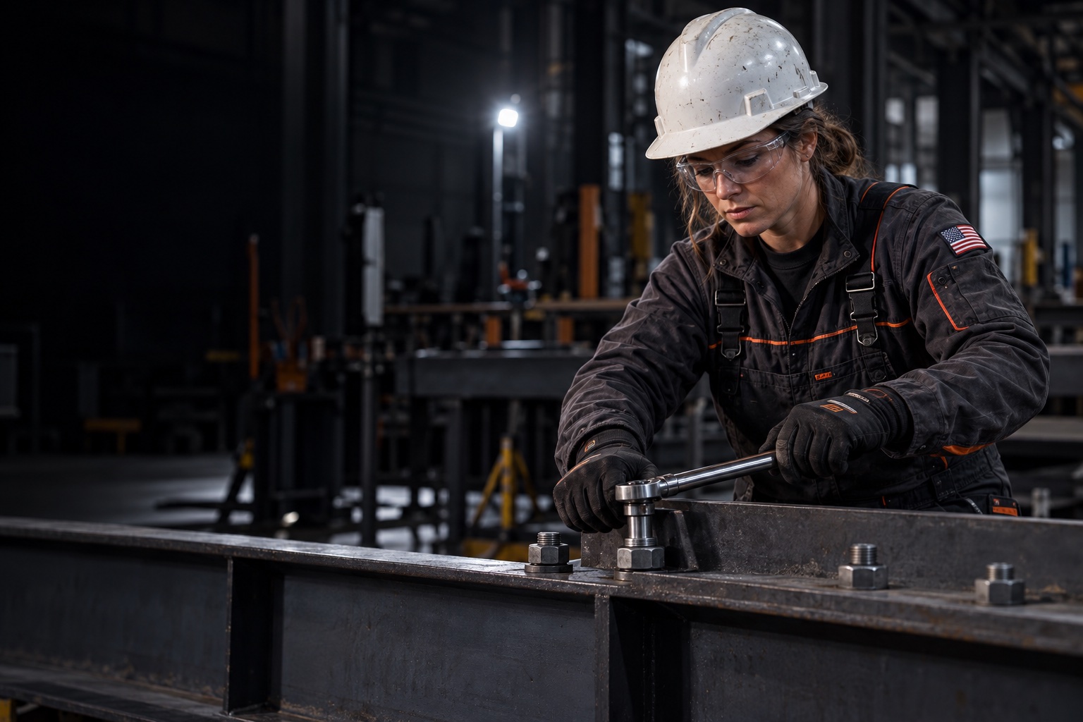 Illustrative scene of an ironworker tightening a structural steel connection