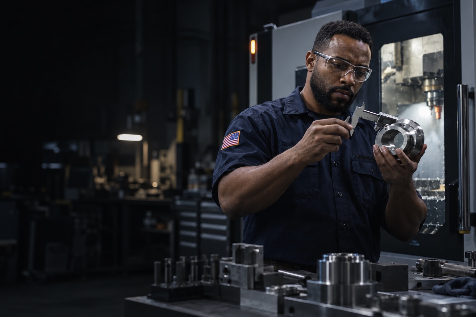 Machinist working with precision equipment in an industrial workshop