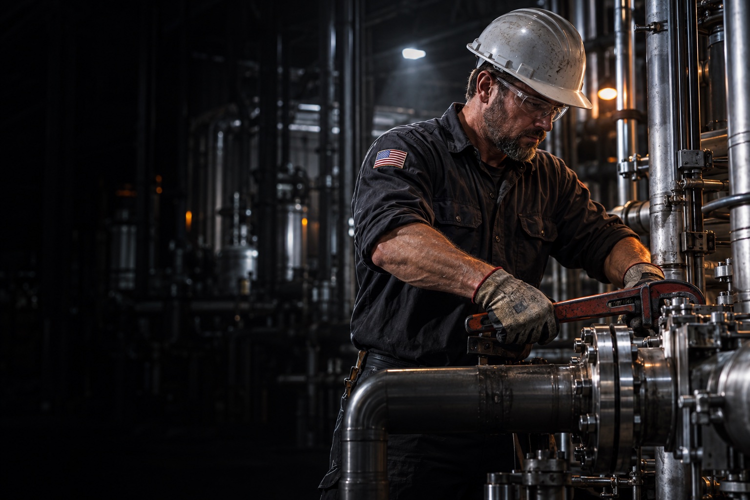 Illustrative scene of a pipefitter working in an industrial workshop