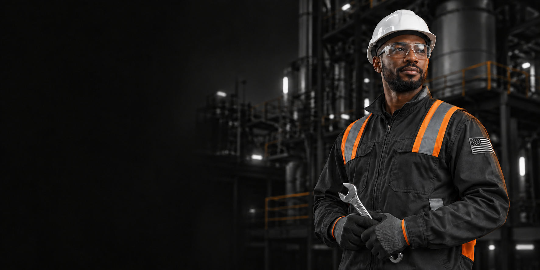 Industrial technician wearing safety glasses and a hard hat, with an American flag sleeve patch