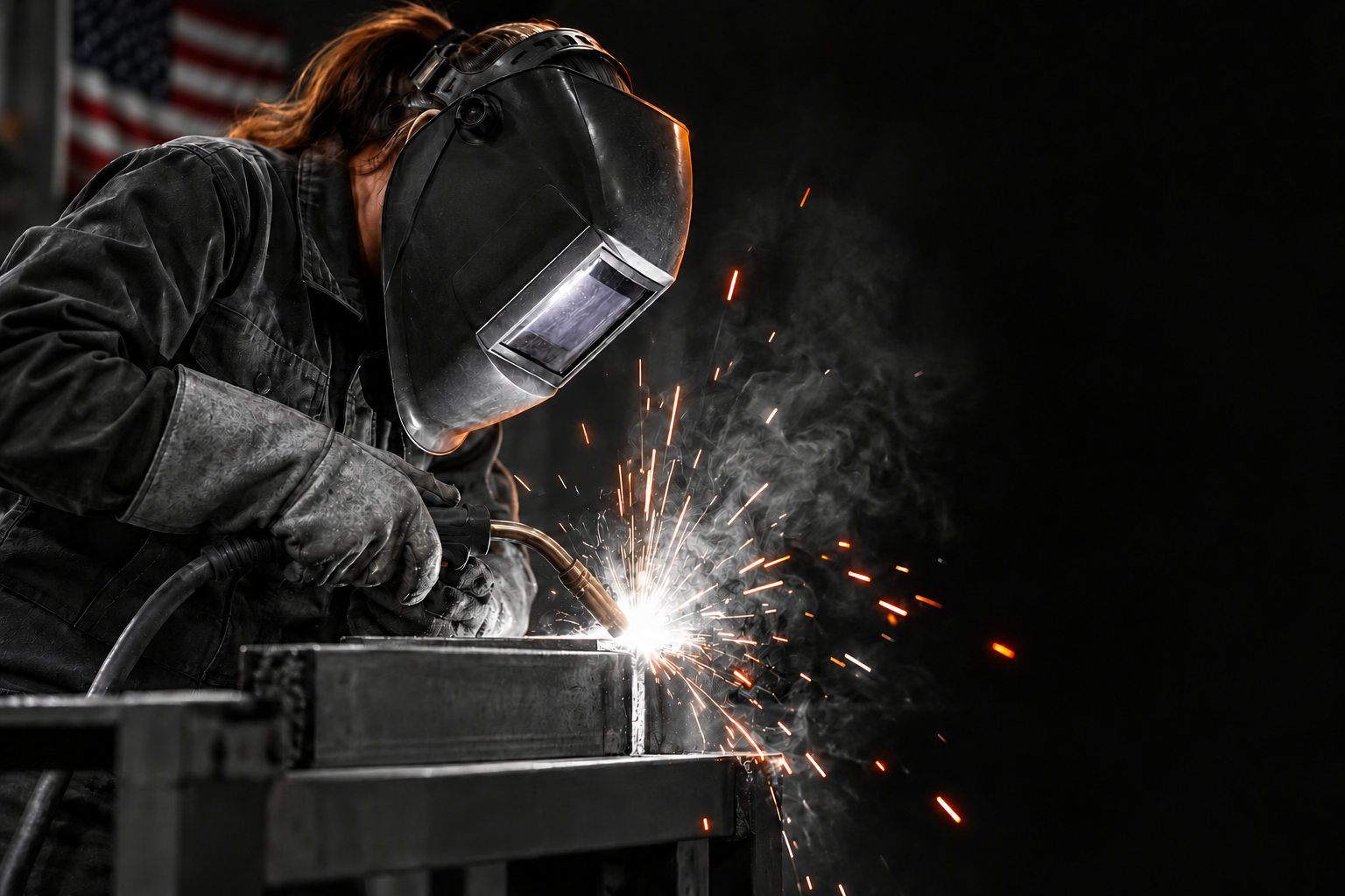 Welder working on steel in an American workshop